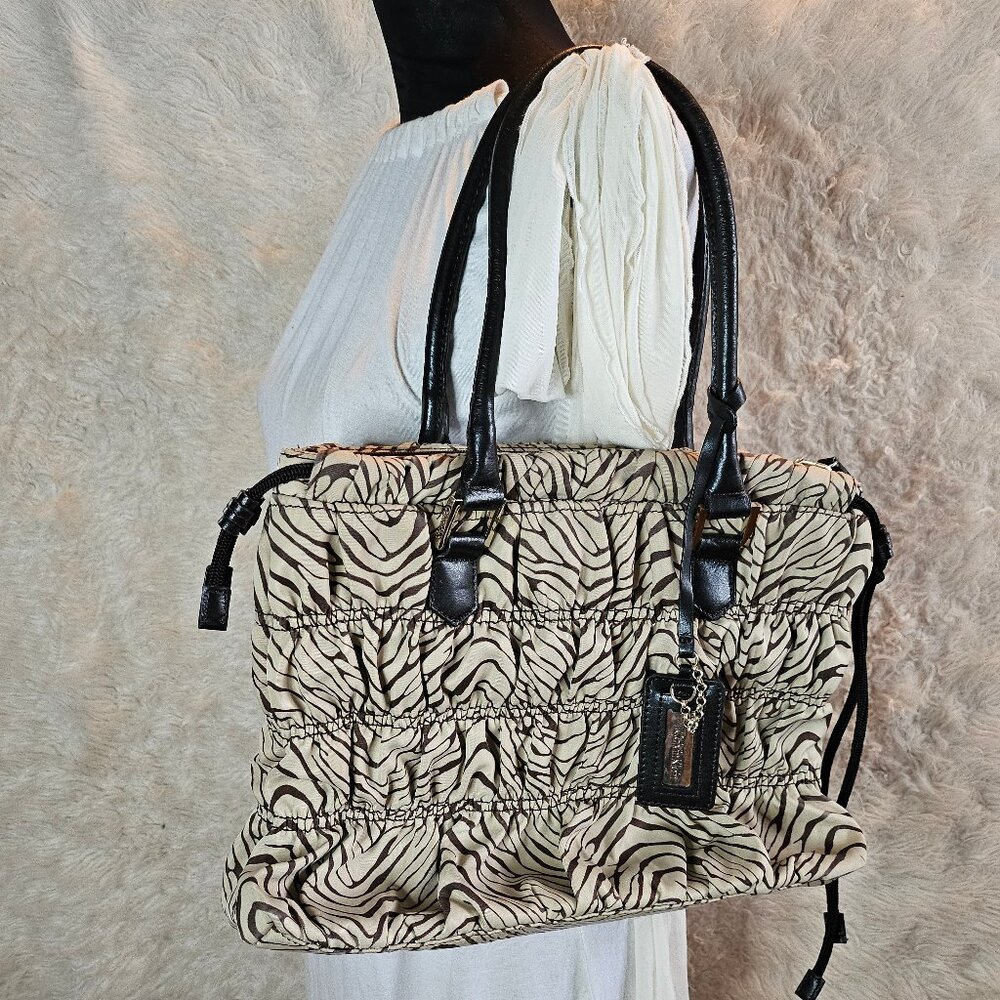 Calvin Klein Women's Brown Zebra Nylon Bag Charm Draw String Zip Tote